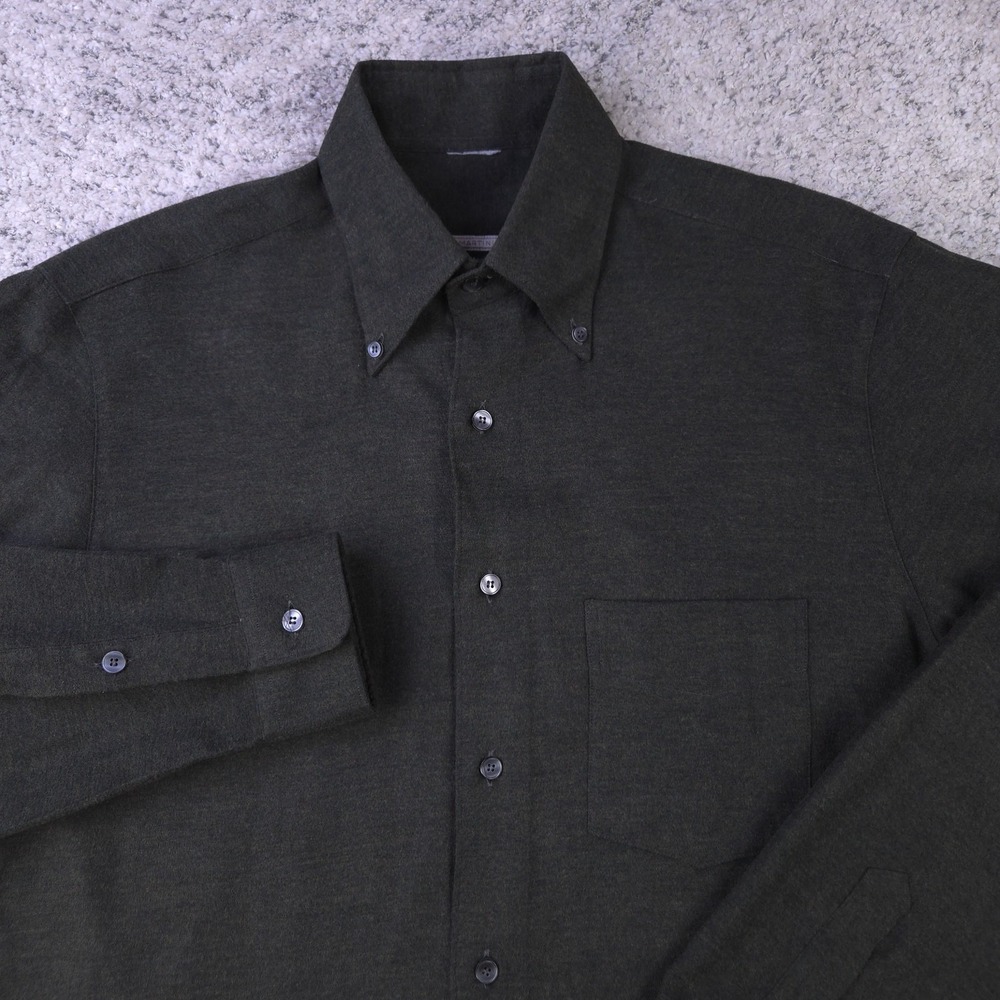 Moreno Martini Da Firenze Shirt Men Large Flannel Wool Olive Green Made In Italy
